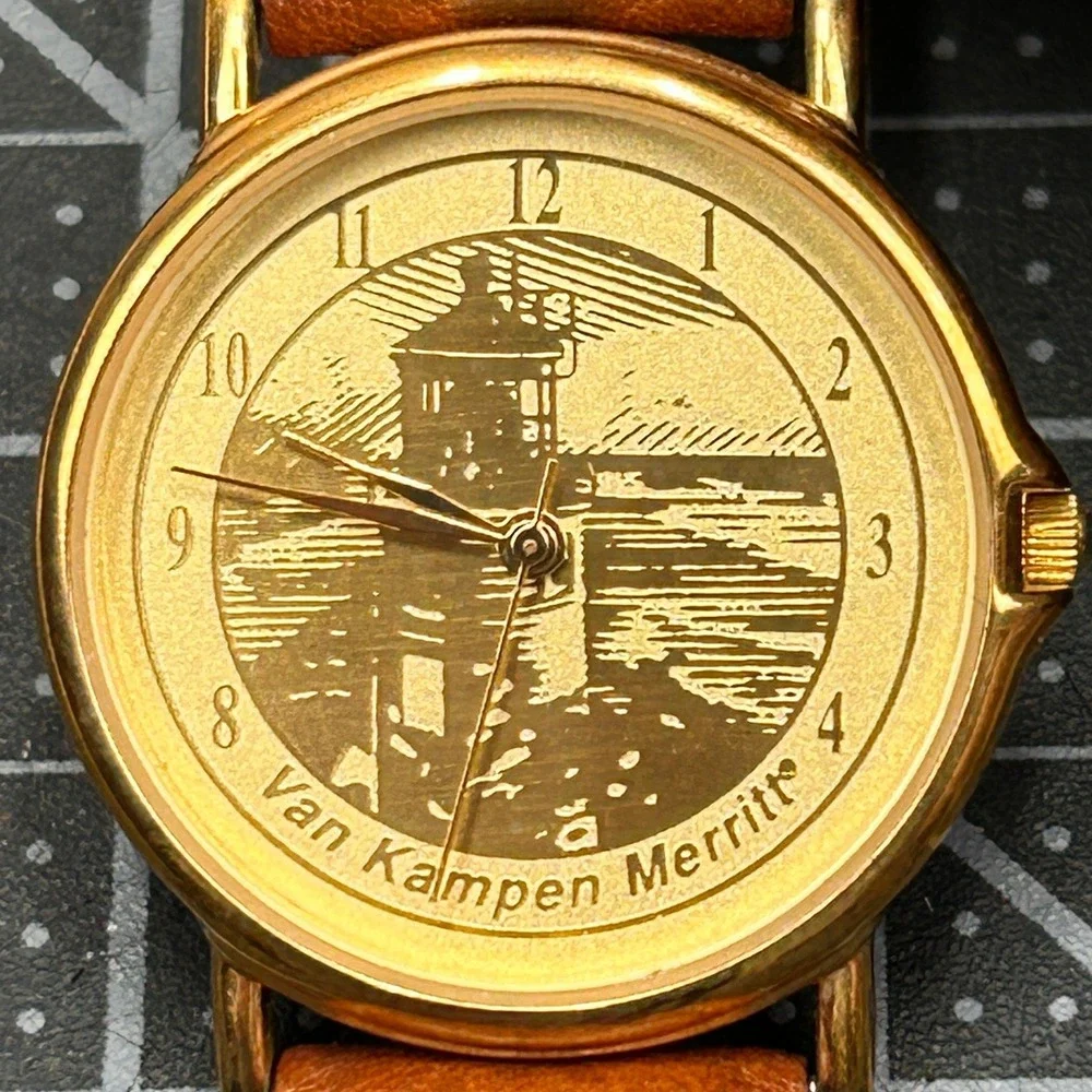Van Kampen‎ Merritt Lighthouse Watch Gold Tone Case Brown Leather Band Vintage